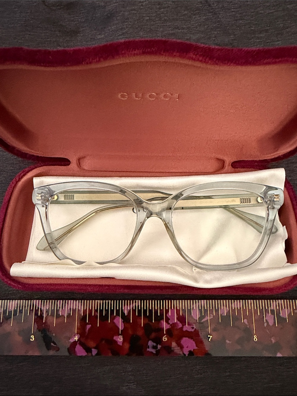 Gucci blue Transparent Clear Frame Glasses with Burgundy Pouch and Case